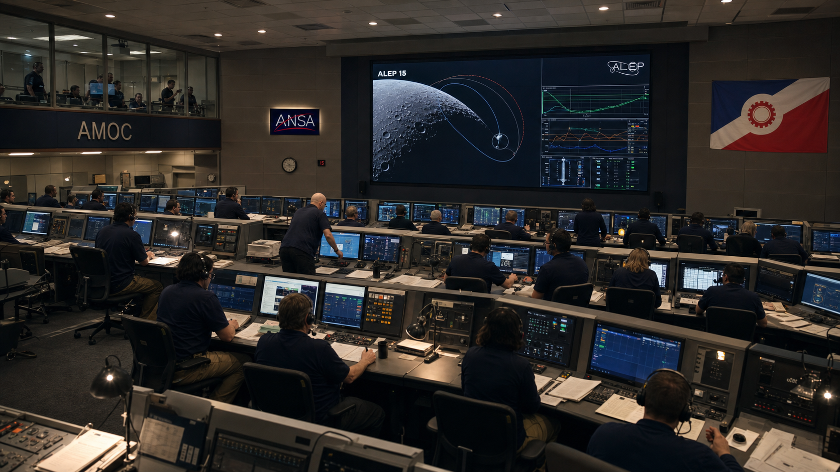 Flight controllers working in the lunar mission-control room at the Arden Mission Operations Complex.