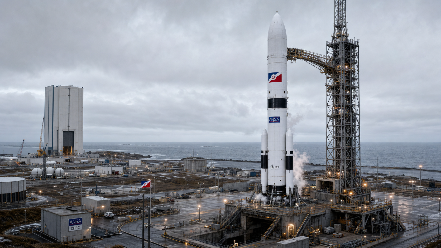 Cape Halcyon Space Center on Ainare's southern coast with an Asteria-H launch vehicle at Launch Complex 3.
