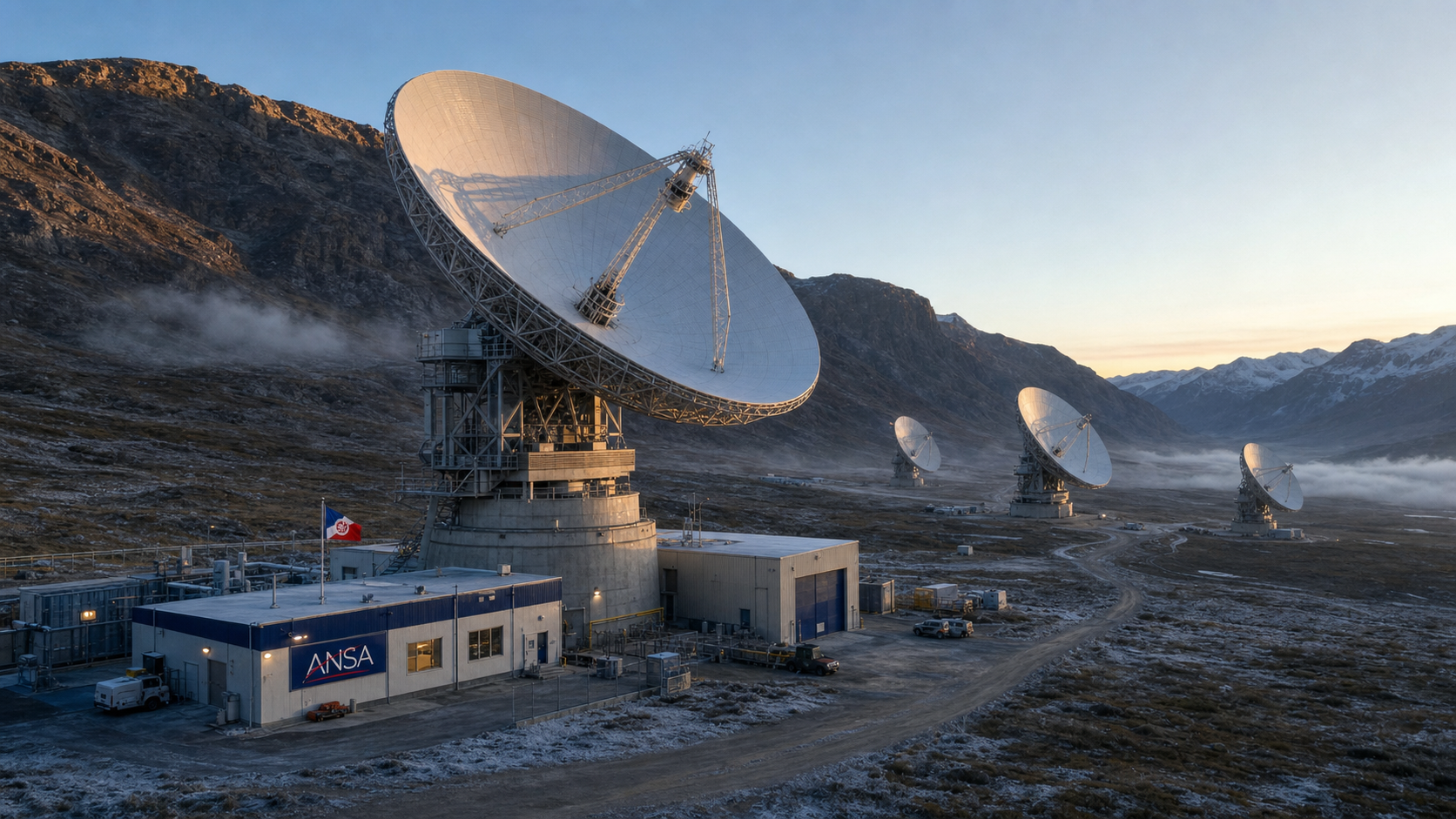 The 70-m antenna and three 34-m antennas of the Farpoint Deep Space Communications Complex in North Reach.