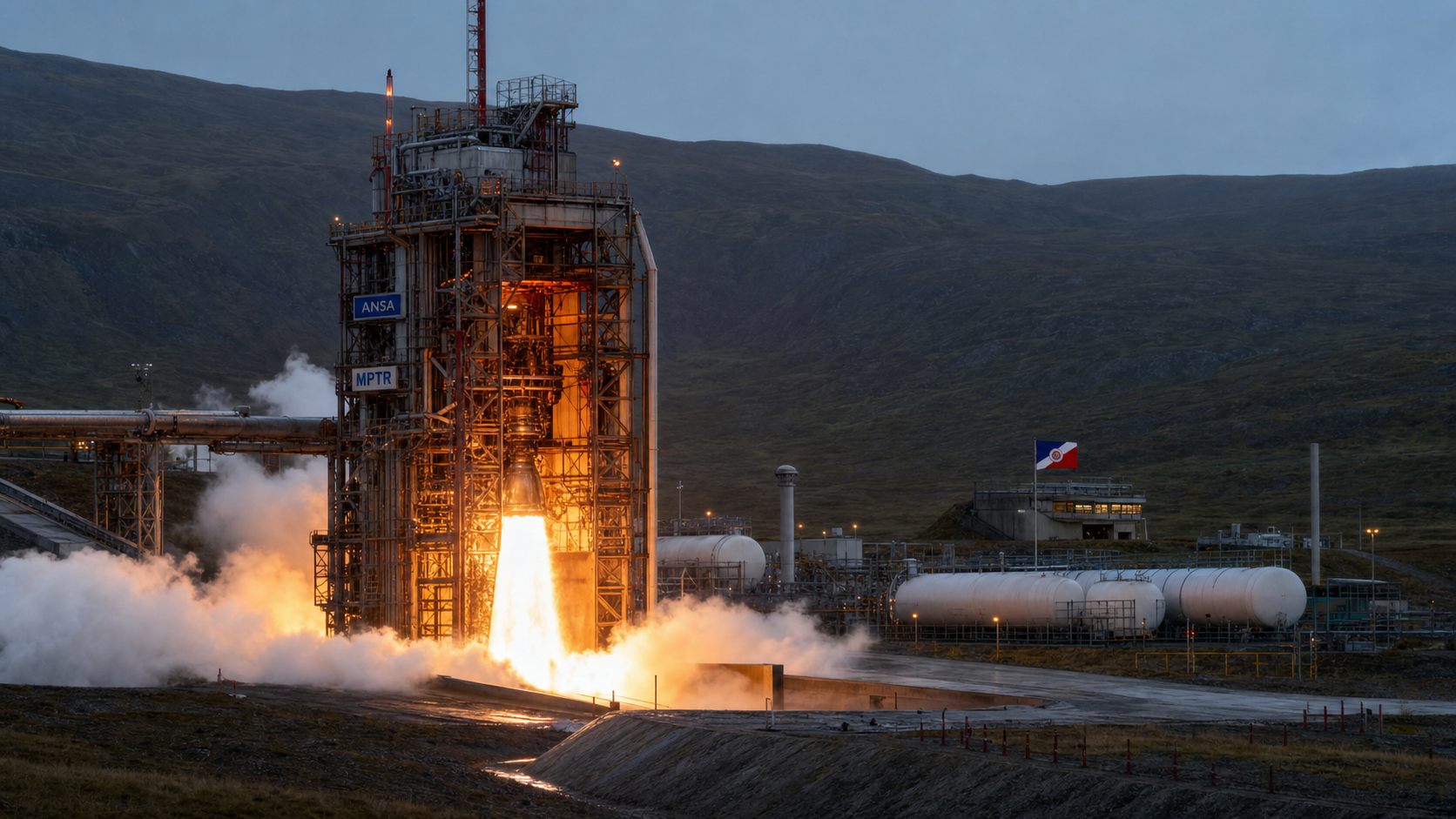 A heavy-lift engine undergoing a full-duration static firing at the Meridian Propulsion and Test Range.