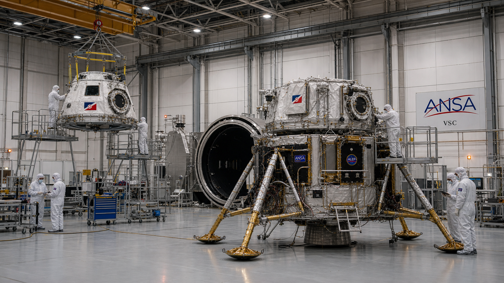 Engineers integrating crew spacecraft and lunar landing systems in the Veyra Spaceflight Center high bay.