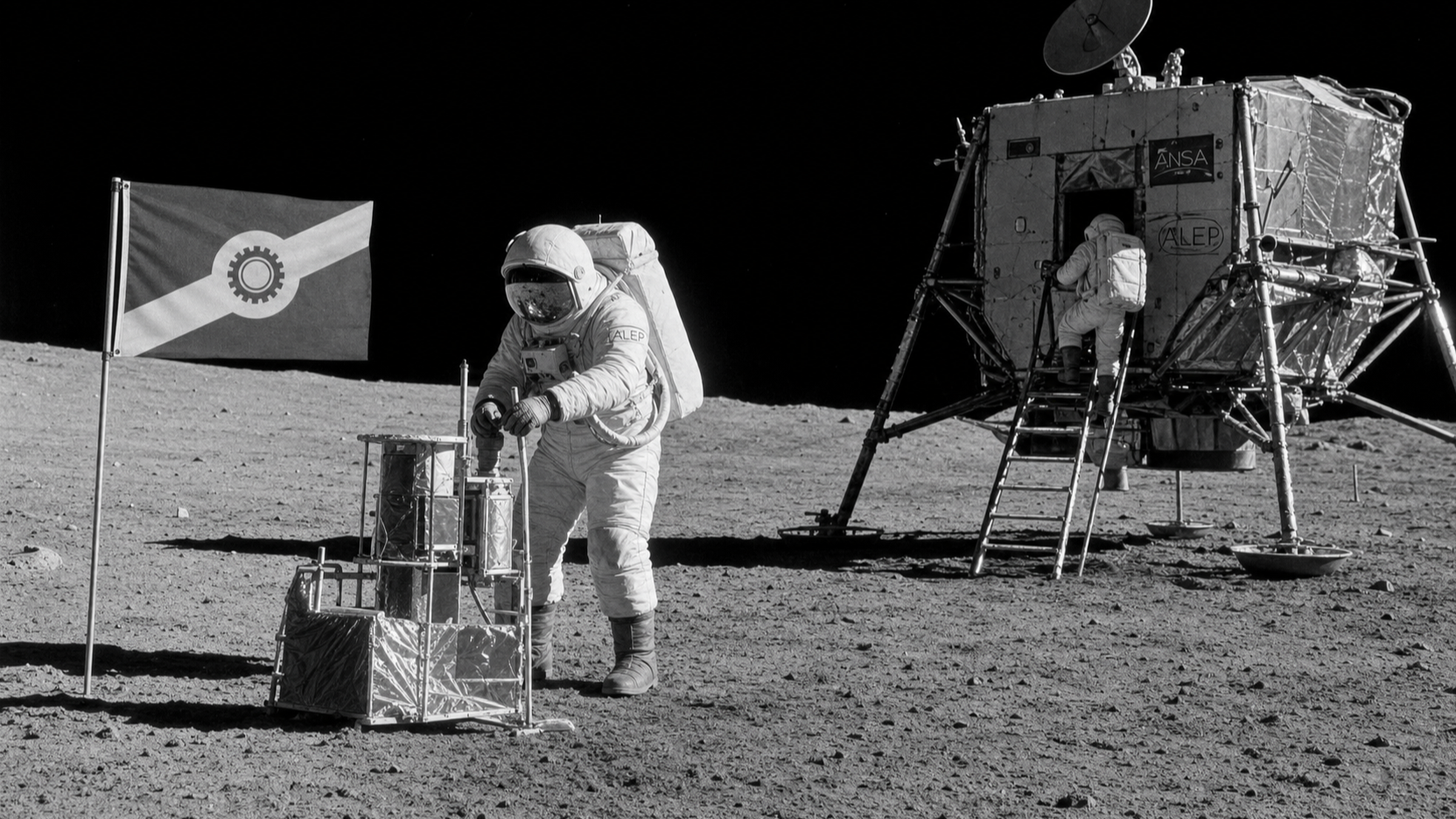 Restored monochrome archive view of an ALEP 7 astronaut on the lunar surface in 1968.
