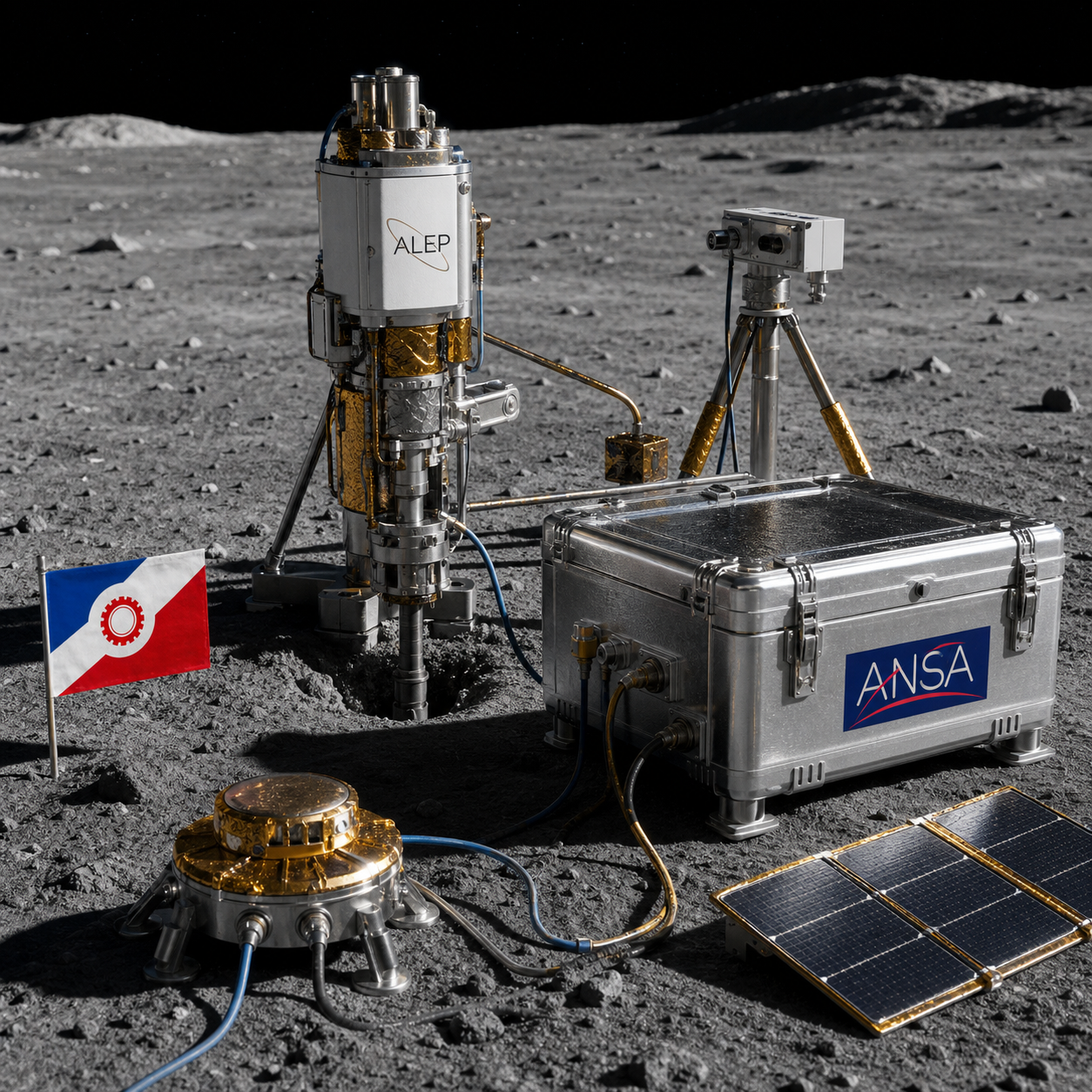 ALEP field geology instruments and sealed sample containers on the lunar surface.