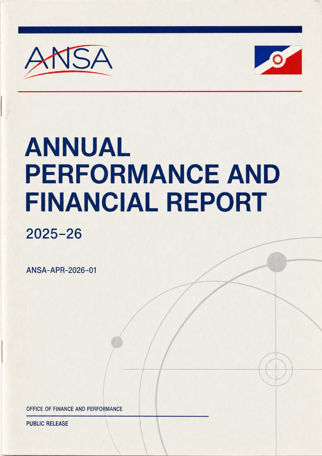 Scanned public-edition cover of the ANSA Annual Performance and Financial Report 2025–26.
